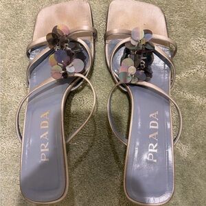 Vintage Prada Square-Toe Strappy Sandals Iridescent Sequin Floral Embellishments